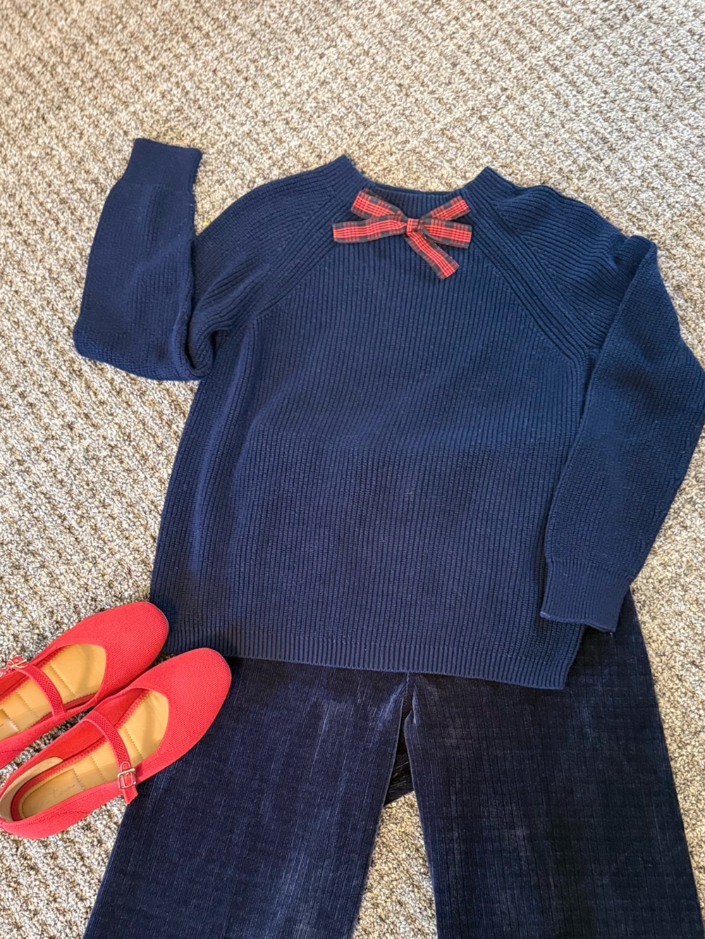 Women’s Navy Knit Sweater with Red Bow